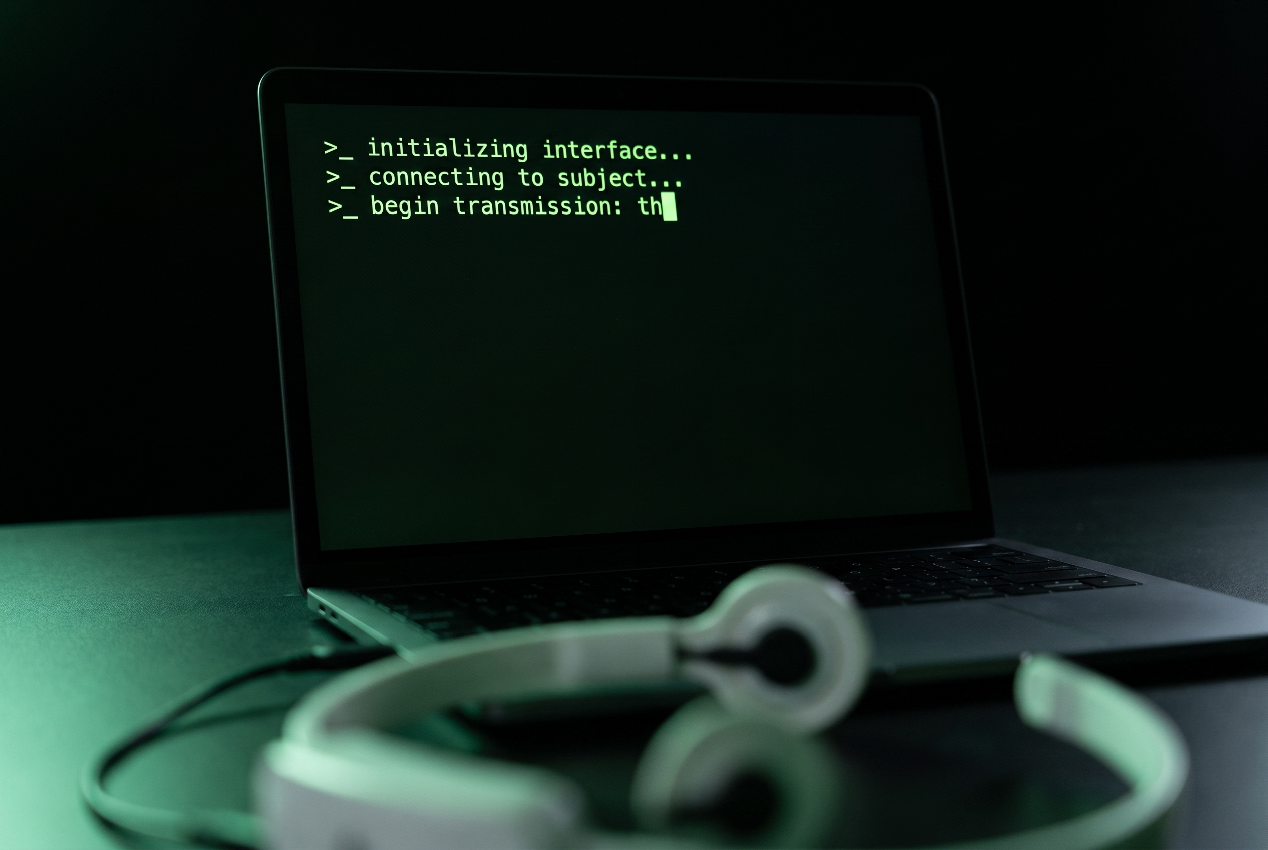 A laptop screen showing text being typed with no hands on the keyboard, an EEG headset blurred in the foreground